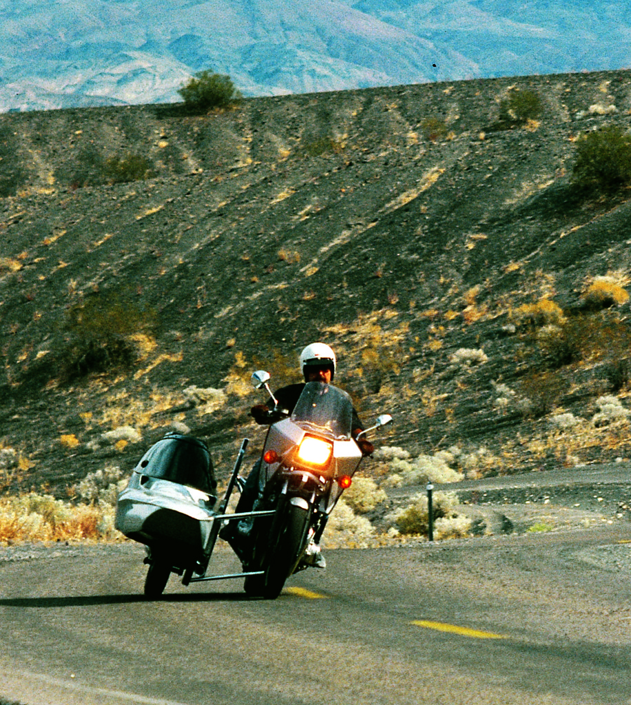 An Equa-Lean sidecar in Death Valley, California, circa 1981.