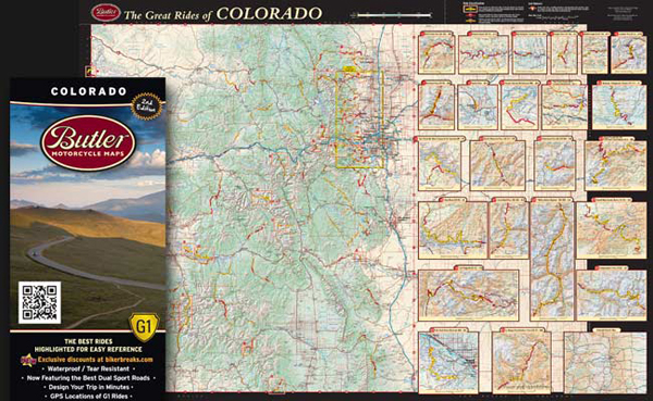 Butler Motorcycle Maps - Colorado shows G1 roads highlighted on the right.