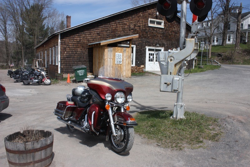 Giving the hawg a break outside of the Cha Cha Hut in Arkville