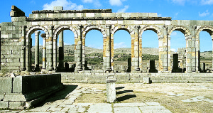 The Roman ruins of Volubilis, once a major center for olive oil trade during the second and third centuries A.D.