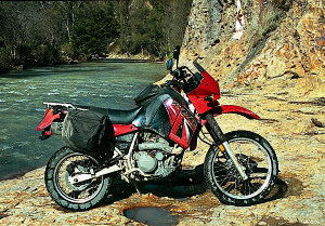 The KLR650 is looking rather clean after fording that river six times; the right-side handguard disappeared in a minor contretemps.
