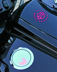 Chrome fuel gauge and the CVO logo on the low-profile tank console have red illumination.