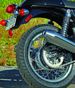 Megaphone mufflers are actually a little too quiet for this agile beast; Triumph offers lighter Arrow units.