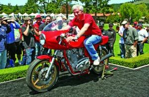 That is Giovanni Magni on his latest creation, a Magni chassis and bodywork powered by a considerably hotted-up 1971 BSA Rocket III engine.