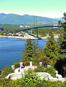 The Lion’s Gate Bridge carries traffic into Vancouver via Stanley Park, a 1,000-acre swatch of greenery in the city.