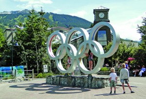 Whistler hosted the skiing portion of the 2010 Winter Olympics and ski slopes are visible on the hillside.