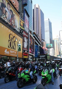 Kawasaki Ninja motorcycles lined the street in New York's Times Square on Thursday.