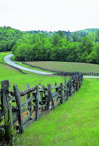 This defining style of roadway running atop mountain ridges, alongside split rail fences, through open meadows is common on middle portions of the Parkway.