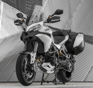 2013 Ducati Multistrada 1200 S Touring, with Ducati Skyhook Suspension, 58-liter-total saddlebags, a center stand and heated grips.