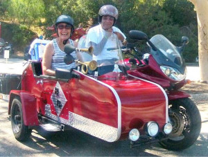 Traveling in Style: Tom and Sharon’s 2001 Suzuki 1200 Bandit was rescued from the salvage yard and rebuilt before Tom added the Bingham Special sidecar, which features a motorized and heated passenger seat, full audio system with six speakers, and two hi-tech horns.