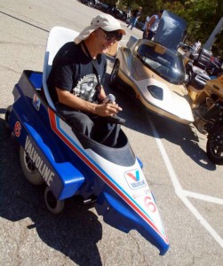 Ex-jet aircraft mechanic Tom Ridyard recycles electric “mobility vehicles” into unique street legal sidecars. This one was made from a crashed go-cart. Two 12-volt batteries, one for each wheel, reach speeds of 5 mph and a range of 17 miles. Says Tom, “It’s all controlled by a single joy stick and you can go any which way you want."