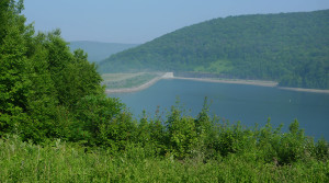 Some haze clings to the hills near the western shore of the Cannonsville Reservoir, which extends over 16 miles of the West Branch of the Delaware River.
