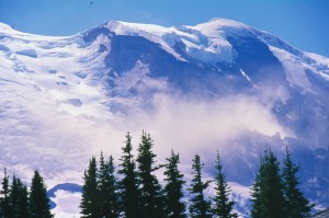 The view from Sunrise Visitors Center (elevation 6,400 feet), visited by thousands daily. With snow whipping the air at 70 mph, only serious mountaineers will consider going anywhere near Rainier’s summit.