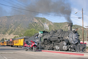The Durango & Silverton narrow-gauge steam train, departing Durango, Colorado.