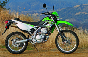 A 43mm fork and remote-reservoir rear shock stabilize the KLX over the roughest ground and through the tightest turns.