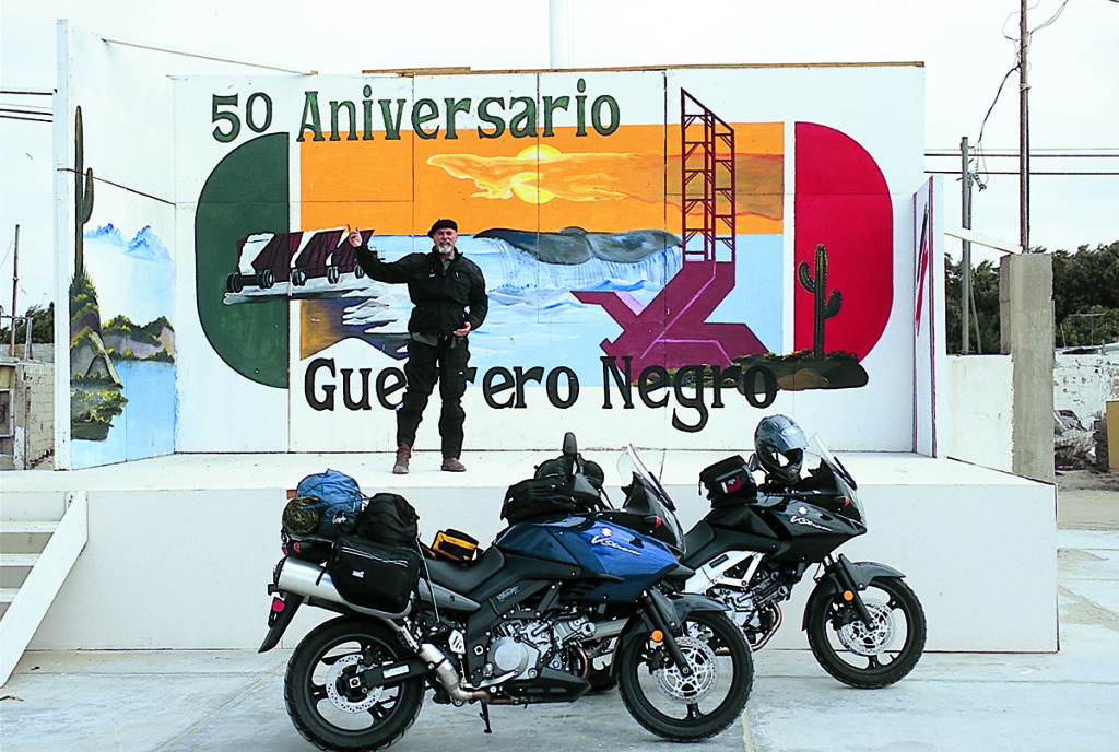 Clement Salvadori and his buddy Kurt explore Baja California on a pair of Suzuki V-Stroms, the 650 and 1000. This photo: Guerro Negro, a company town dedicated to processing sea salt, was founded in 1954. (Photography by Clement Salvadori)