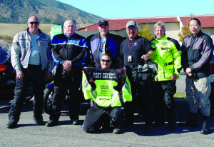 Lebec, California: Many Pony Express participants organized specific route legs as Ride to Eat events. “Tell us we can ride, then eat, and then ride some more and most of us are happy,” says Byron Burnham, second from right. Also pictured are Kevin Lackey (front) and Dave Richardson, Ron Saunders, Bill Morris, Jeff Myers and Ed Wong. (PHOTO BY ED WONG)