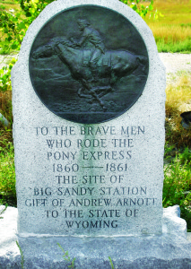 Dozens of Pony Express monuments, including this one at Big Sandy Station, Wyoming, stand as waymarks along the original Missourito- California route. (PHOTO BY GEORGE CATT)