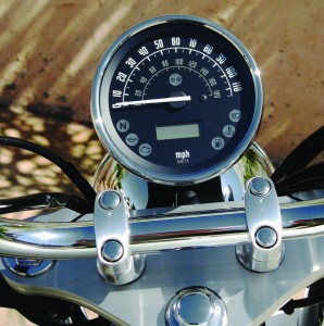 The Shadow’s solo instrument features a speedo with electronic dual tripmeters, odometer, clock and seven indicator lamps, and is easier to read than the Sportster’s.