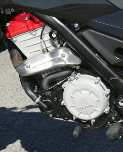 The Husqvarna TR650's liquid-cooled 652cc is a tuned-up version of the BMW G 650 GS engine.