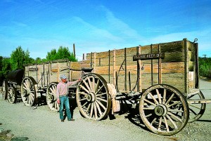 A hundred years ago the workers would fill the two wagons with borax, the tanker with water, and take off on a two-week trip to the processing plant in Mojave.
