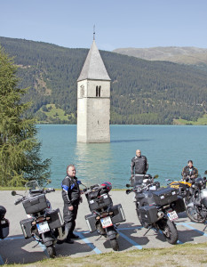 A dam built in 1950 created Lake Reschen, submerging everything in the village of Graun im Vinschgau except the top of its 14th century bell tower.