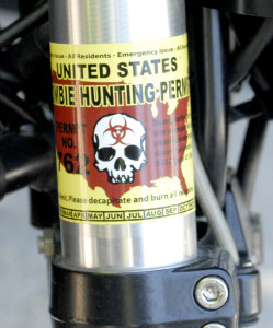Motorcycles carry an official “United States Zombie Hunting Permit.”