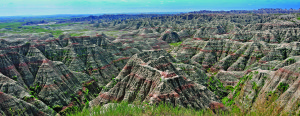 The Badlands feature an alien landscape of ravines, ridges and colored rock layers.