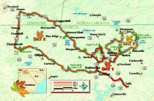 In addition to the Day 1 and Route 52 rides described in this article, the Day 2 and Day 3 rides highlighted in this map are also great day trips in northern Georgia.
