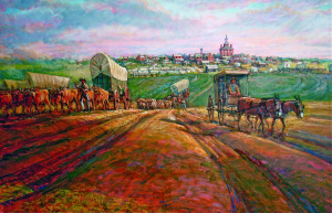This painting depicts a wagon train heading out for Santa Fe.