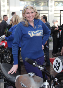 Danny Phillips wearing her grandfather Jimmy's Triumph sweater. He raced Triumphs, was a consistent finisher at the Daytona 200 in the ‘50s, and was inducted into the AMA Hall of Fame in 1998.