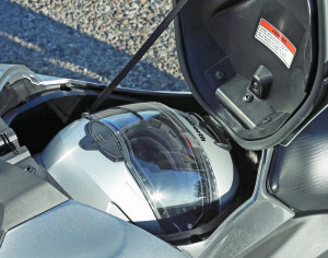 Fuel tank is under the NC700X’s seat; an integrated 21-liter “tank” box holds a full-face helmet.