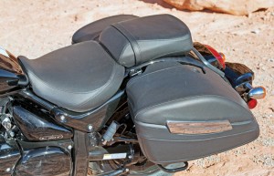 Synthetic faux-leather seat and saddlebag covers all share the same texture.