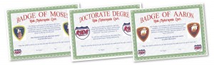 Left: The Badge of Moses is granted to anyone who doesn’t finish a trip despite his best efforts and “courage in the face of adversity.” Center: Any member earning 10 patches becomes a doctorate of “Two-Lane University” and is awarded this certificate. Right: The Badge of Aaron is given for completing a trip despite problems “while demonstrating patience, courage, ingenuity and good humor.”