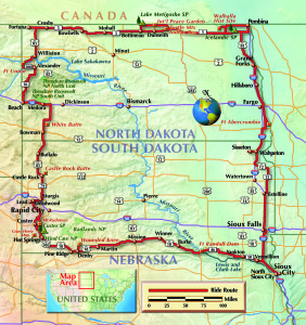 This suggested route includes the roads mentioned in the article, but also includes a full loop around the outside border of both North and South Dakota.