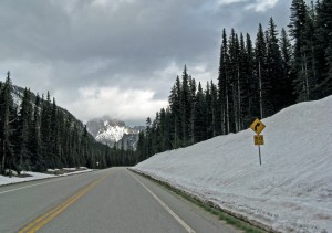Late June and there’s still snow on the ground. This is Highway 20, heading east across the Cascade Mountains in Washington.