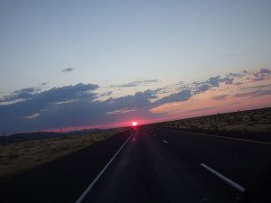 The sunrise behind me while riding west on I-84 along the Columbia River.