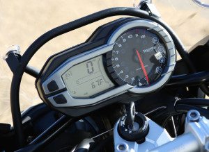 The Tiger Explorer XC has the same dash as the standard model, with an analog tach paired with a multifunction LCD display.