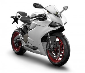 The 2014 Ducati 899 Panigale in Arctic white with red wheels ($15,295).