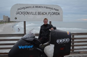Terry Hershner at the beginning of his all-electric, cross-country run, on the Atlantic Coast in Jacksonville, Florida.