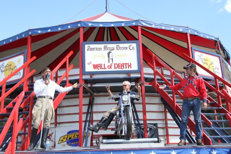 American Motor Drome's Charlie Ransom, Wahl E. Walker and Dallas Dan lure spectators into a Wall of Death performance at Winter Place Park