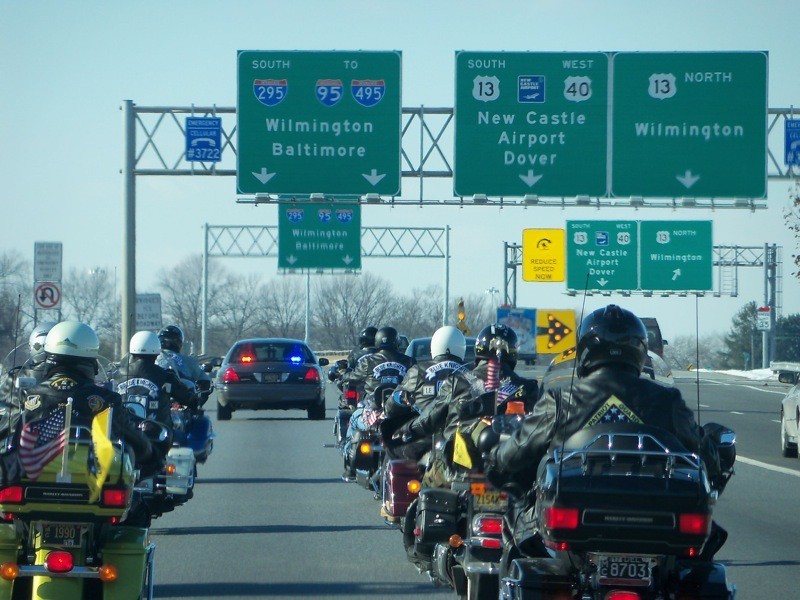 Patriot Guard Riders lead the convoy down I-95