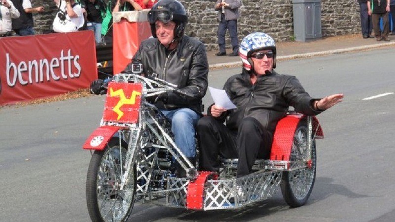 James May and Oz Clarke ride the Meccano bike at Manx Grand Prix