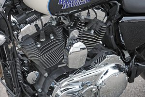 Sportster 1200cc V-twin is finished in black powdercoat with chrome-plated covers.