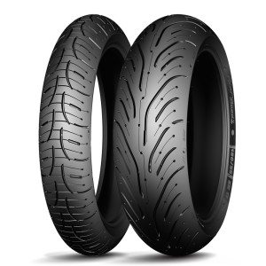 Michelin Pilot Road 4 sport-touring tires, front (left) and rear (right).