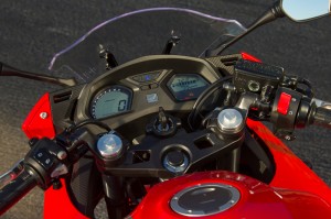 The CBR650F's cockpit is modern and tidy, and the clip-ons are sensibly placed.