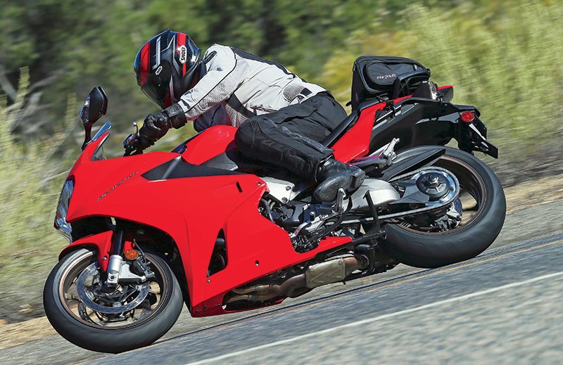 Two-position rider’s seat is all-day comfortable, and the VFR accepts soft luggage well with the passenger seat and grab rails installed.