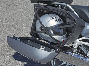Freshly redesigned saddlebags can be centrally locked with a button push and easily hold a large full-face helmet. 