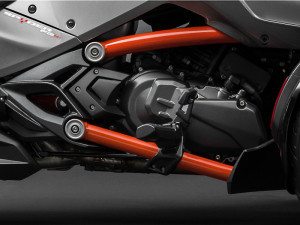 The new Spyder F3 will be powered by a liquid-cooled, fuel-injected 1,330cc in-line triple with throttle-by-wire.