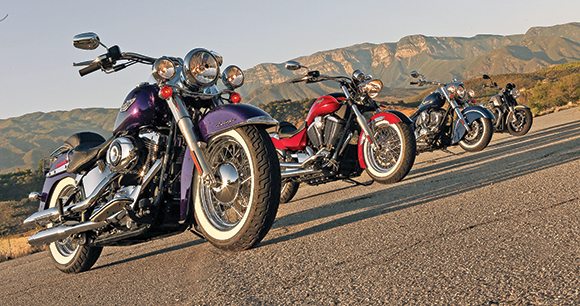 Ready to rumble are, from left, the Harley-Davidson Softail Deluxe, Victory Boardwalk, Indian Chief Classic and Moto Guzzi California 1400 Custom ABS. (Photography by Kevin Wing)